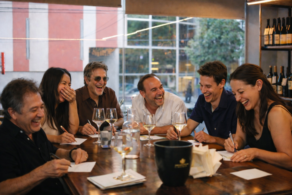 Grupo participando en una degustación de vinos en Buenos Aires durante una experiencia lúdica de One More Glass